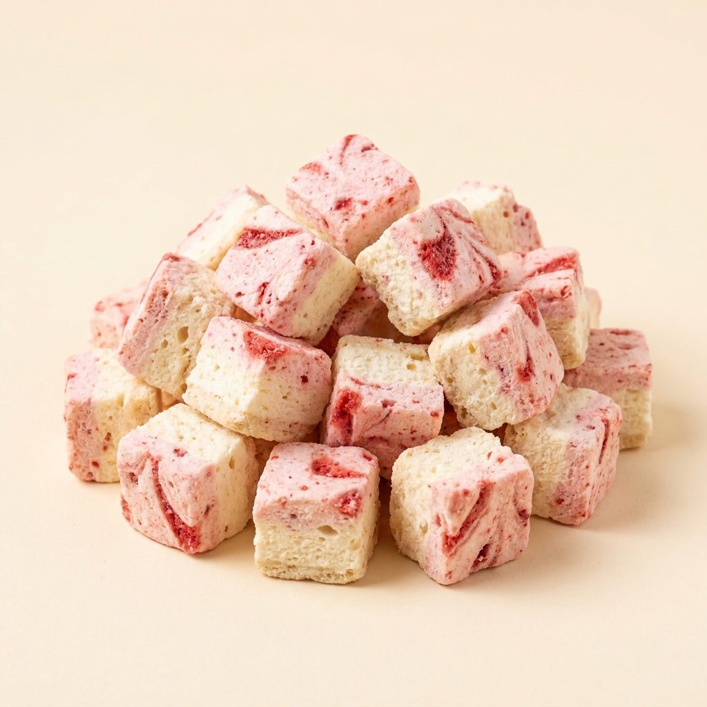Erdbeer-Cheesecake – Gefriergetrocknete Cheesecake-Bites – Nahaufnahme