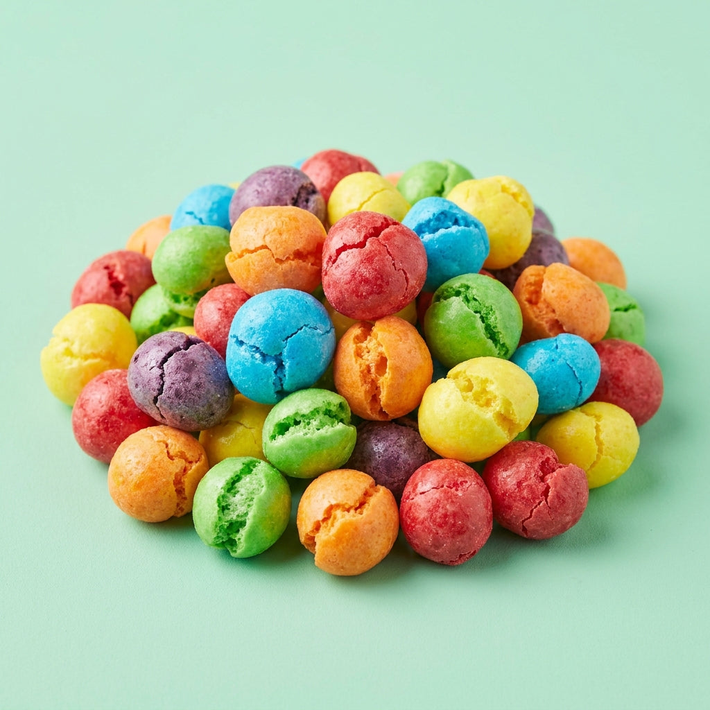 Halal Regenbogen-Pop – Gefriergetrocknete Frucht-Dragees – Nahaufnahme