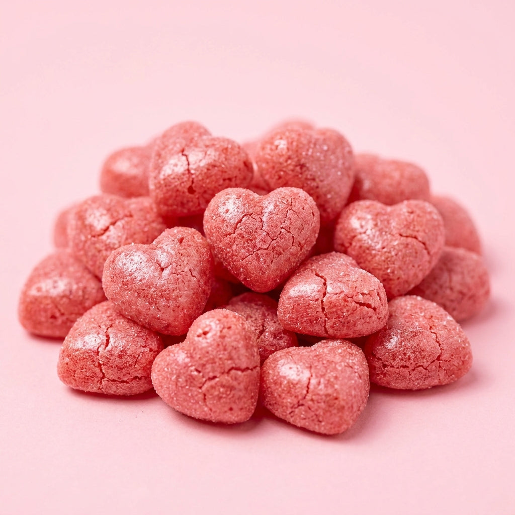 Halal Erdbeer-Gummies – Gefriergetrocknete Erdbeer-Herzen – Nahaufnahme